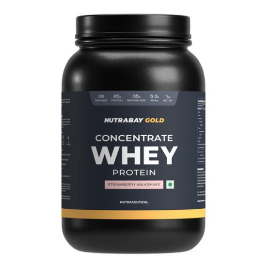 Nutrabay Gold 100% Whey Protein Concentrate with Digestive Enzymes - 25g Protein, 5.3g BCAA, 3.9g Glutamic Acid - 1Kg, Strawberry Milkshake