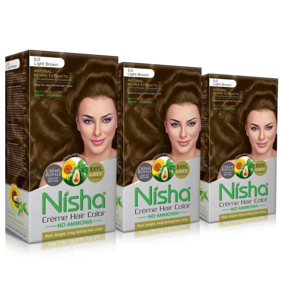 Nisha Creme Hair Color 5.0 Light Brown 120g Pack of 3, Permanent Hair Colour, No Ammonia, 100% Grey Coverage