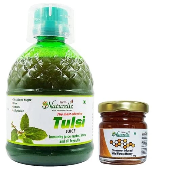 Farm Naturelle- Most Effective Tulsi Juice (400Ml)-The Finest Tulsi Juice-Herbal Basil and Cinnamon Honey 55g x 1