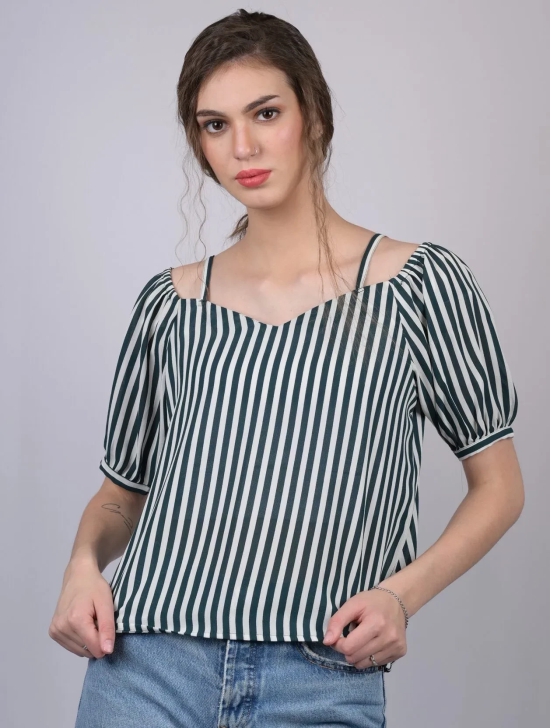 White and Green Striped Relaxed Fit Boat Neckline Top (OTL-TPS1021)-Blue / M