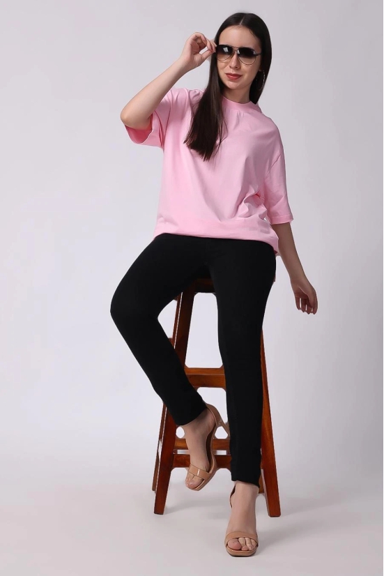 Womens Pink Plain Oversized Drop Shoulder T-Shirt-XL / Pink