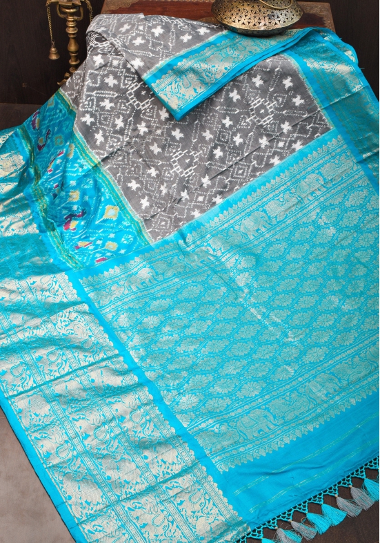 Gray Ikkat Patola  Kanjivaram Fusion Silk Saree with wide zari border |SILK MARK CERTIFIED