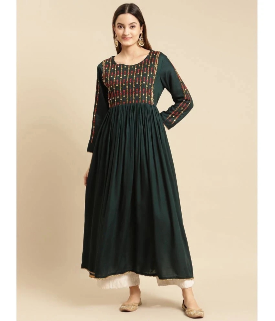 Rangita Women Rayon Green Yoke Embroidered Calf Length Kurti Gathered At Waist - None