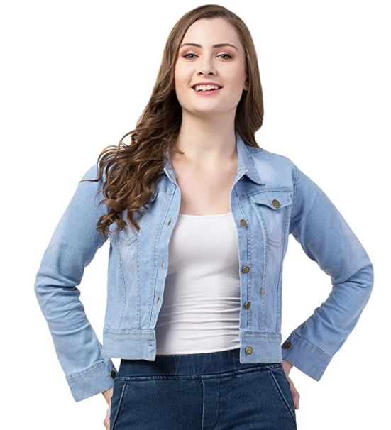 FUNDAY FASHION Full Sleeve Blue Solid Women's Denim Jacket (Large, New Light Blue)