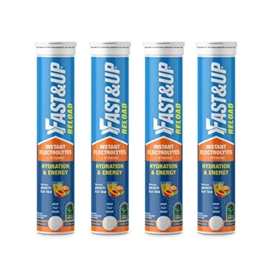 Fast&Up Reload Instant Hydration and Energy Drink - 80 Effervescent Tablets with all 5 Essential Electrolytes + Low Sugar and Added Vitamins - Certified Electrolytes Drink - Peach Ice Tea flavour