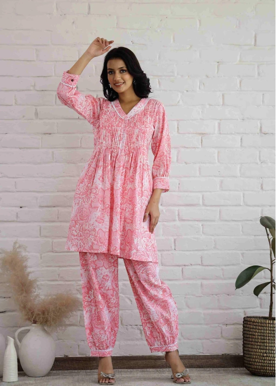 Pink handblock Print Co-ord Set with Afghani Pant-M