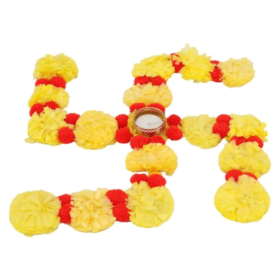 Smizzy Artificial Floral Toran Garland Temple Pooja Decoration Satiya/Swastik Rangoli with Free Tealight Candle/Deepak Holder and Pompom, Home D?cor Accessories,12 inch,Yellow and Red, 1 pc