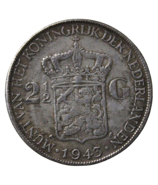 2Â½ Gulden  ( 1943 )  Munt  Van  Het  Koningrijak  Whilhelmina  Koningin   Der   Nederlanden   Pack  Of   1   Extremely   Rare   Coin