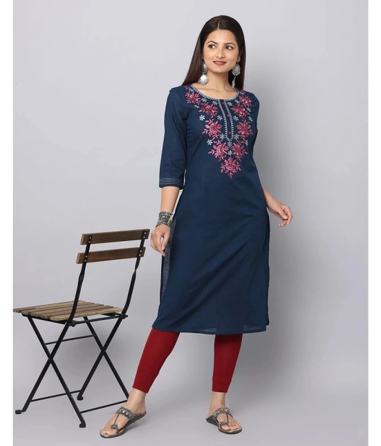 Alena Cotton Embroidered Straight Womens Kurti - Blue ( Pack of 1 ) - None