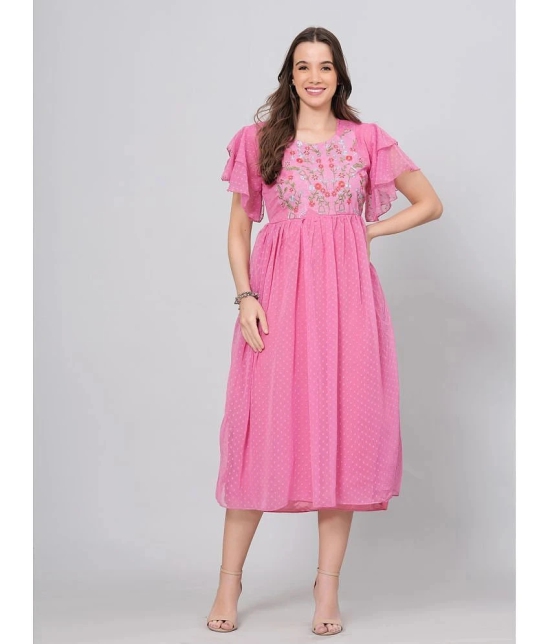 HIGHLIGHT FASHION EXPORT Crepe Embroidered Midi Womens Fit & Flare Dress - Pink ( Pack of 1 ) - None