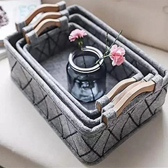 Felt Storage Basket with Wooden Handles (Pack Of 3)-Grey