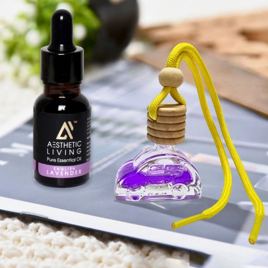 Aesthetic Living Car Aromatizer Diffuser Bottle with Essential Oil (Car Shape Bottle -10 ml + English Lavender Essential Oil, 15 ml)