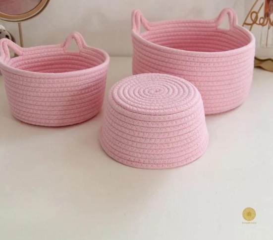 Cat Shape Rope Woven Storage Organiser Basket Set of 3-Pink