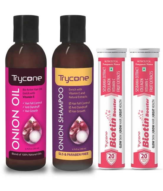 Trycone Red Onion Hair Oil , Onion Shampoo and Biotin Booster for Hair Care - Pack of 3 Products