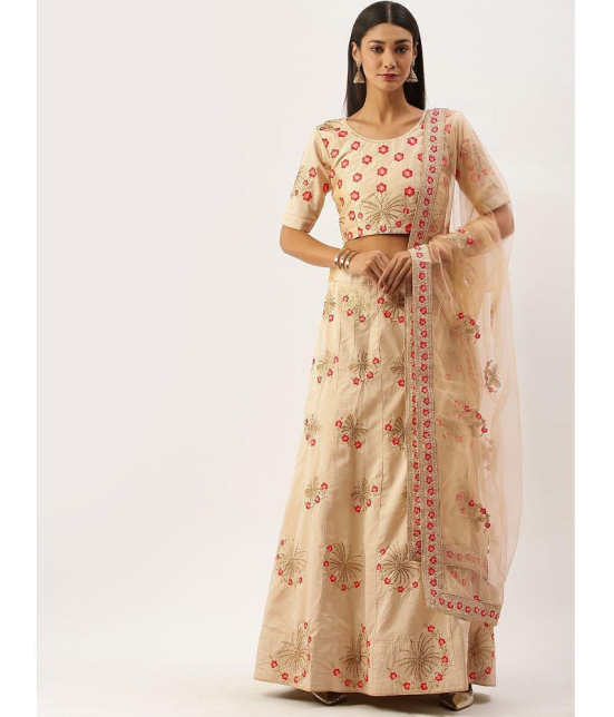 Om Shantam Sarees Beige Silk Blends Chaniya Choli Semi Stitched Lehenga Single - Free Size