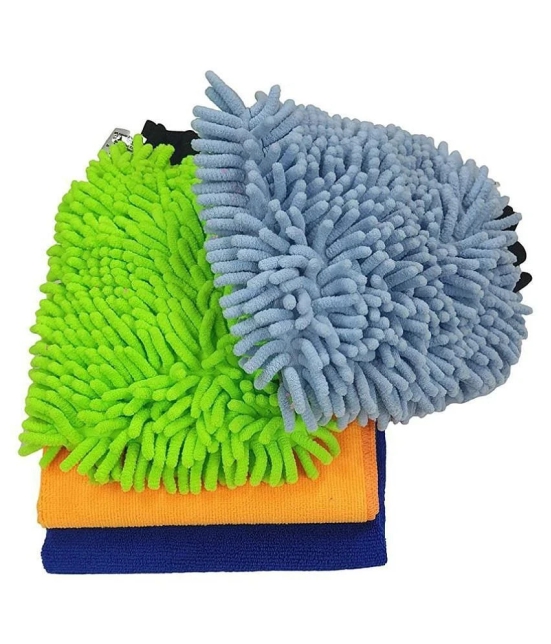 SOFTSPUN Microfiber Chenille & Single-Side Gloves 1700 GSM  with Towel 340 GSM, 4 Piece Combo Multicolour, Multi-Purpose Super Absorbent and Perfect Wash Clean with Lint-Scratch Free Car, Du