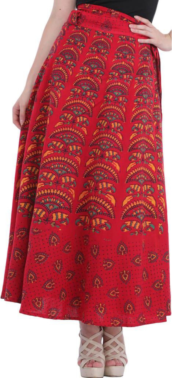 Rococco-Red Wrap-Around Printed Long Skirt from Pilkhuwa