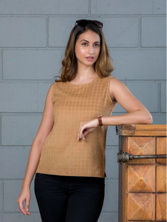 Brown Self Design Sleeveless Top-L