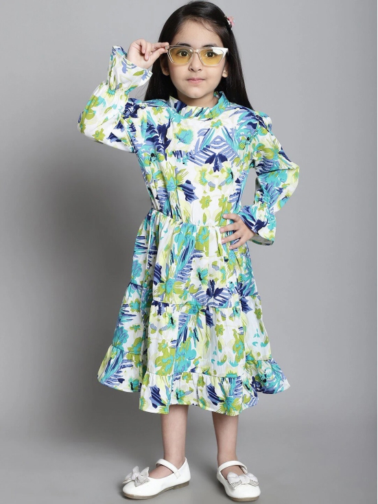 MINI & MING Girls Floral Print Mock Neck Bell Sleeves Crepe Fit & Flare Midi Dress