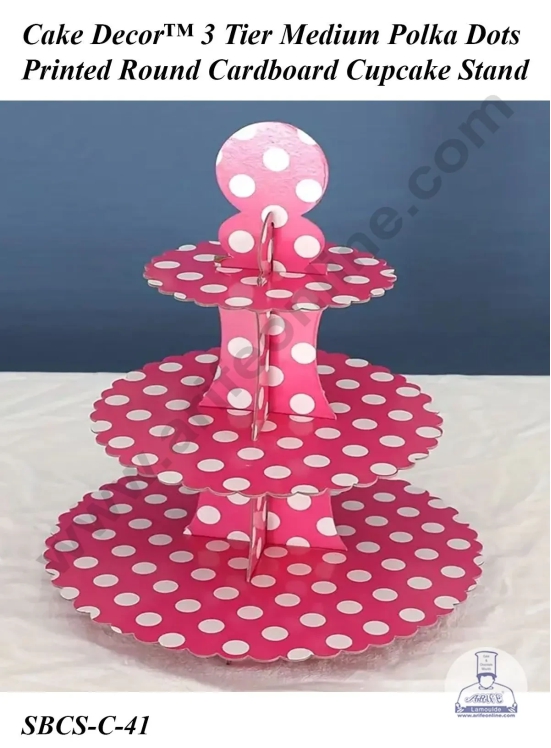 Cake Decor™ 3 Tier Medium Polka Dots Printed Round Cardboard Cupcake Stand-PINK