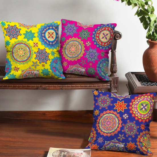 Indigifts Diwali Gift Items Ethnic Rangoli with Mandala Print Cushion Cover 16x16 Set of 3 - Diwali Decoration Items, Diwali Gifts For Family And Friends, Deepawali Greetings