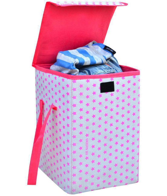  45 L-Pink Nylon Foldable Storage Box/Laundry Bag for Clothes|Toy Storage Box with Lid & Handle, Toys Organiser with Side Handles