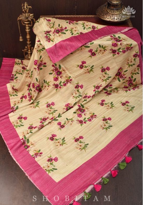 Geecha Raw Tussar Silk Saree with Floral Digital Print in Beige | SILK MARK CERTIFIED