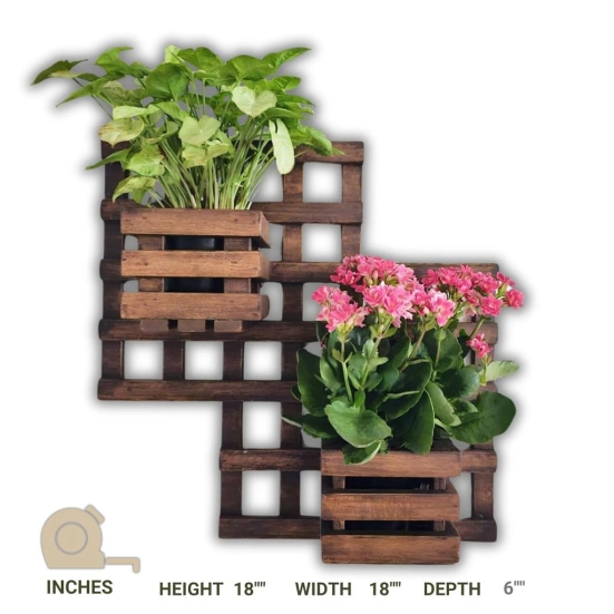 BARISH - Wall Mounted Planter - Square Double | Handcrafted with Rubberwood | Indoor Hanging Planter with Wall Mount Stand 18 x 18 x 6 Inches