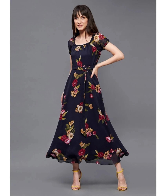 Miss Chase Georgette Printed Midi Womens Fit & Flare Dress - Navy ( Pack of 1 ) - None