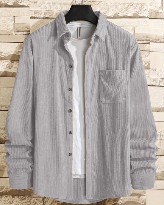 Iron Grey Men Corduroy Flap Pocket Button Front Shirt-2XL/46