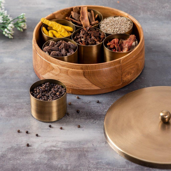 Classic Acacia Wood Masala Box - Gold