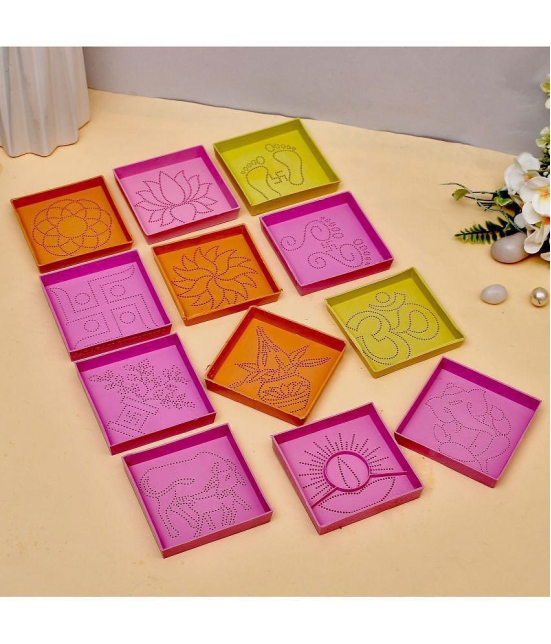 CRAFTAM Different Design Ready to Draw Rangoli Making Stencils, Rangoli Plastic Stencils for Diwali Floor Decoration (Set of 12, Size3x3 Inch)