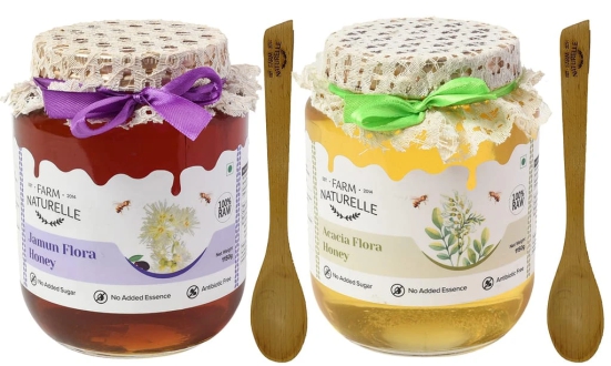 Farm Naturelle-Virgin 100% Pure Raw Natural Unprocessed Acacia & Jamun Flower Forest Honey-(1000+150gm Extra+Wooden Spoons.) x 2 Sets.