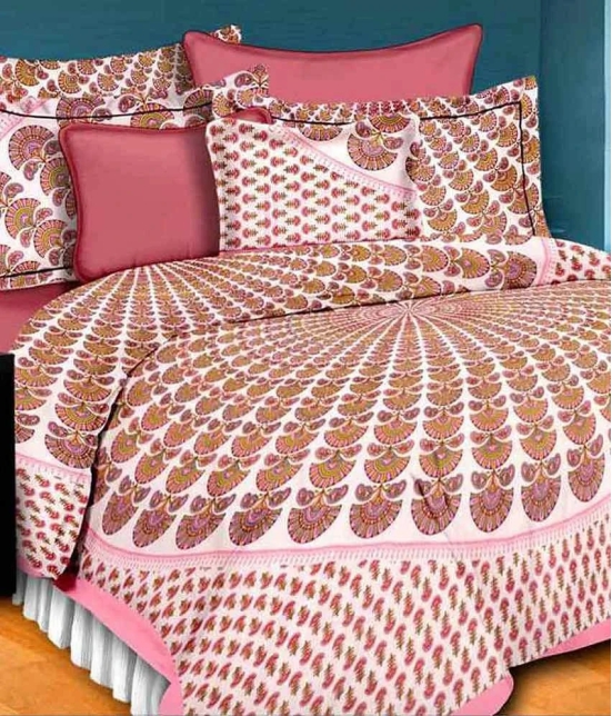 UniqChoice White and Pink Cotton Double Bedsheet With 2 Pillow Cover