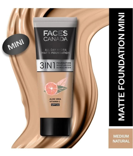 FACES CANADA Hydra Matte Foundation Mini 3-in-1 Foundation,Moisturizer,SPF 30 Medium Natural, 15ml