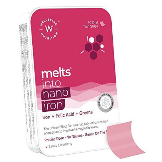 Wellbeing Nutrition Melts Nano Iron | Plant Based Iron, Beetroot, Swiss Chard, Pumpkin Seeds, Vitamin C and Folate for Improved Hemoglobin, Oxygen binding capacity & Blood Building (30 Oral Strips)