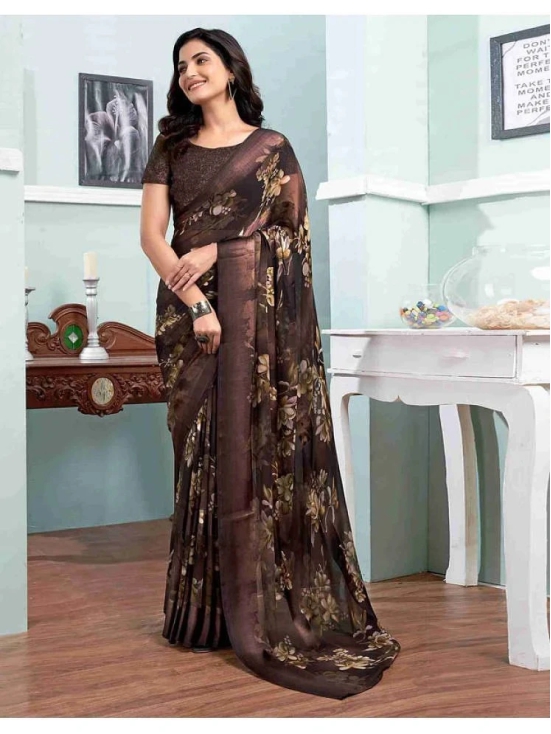 Sitanjali Georgette Printed Saree With Blouse Piece - Brown ( Pack of 1 ) - Brown