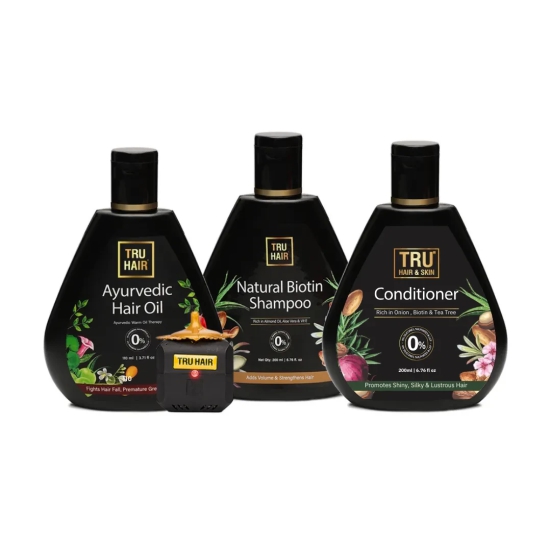 Tru Hair Ayurvedic Hair Oil with Free Heater (110 ML) + Biotin Shampoo & Conditioner | For Dandruff, Pre Mature Greying, Hair Growth & Shiny Voluminous Hair-Default