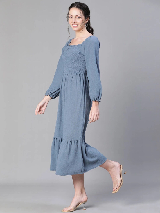 Oxolloxo Solid Smocked Puff Sleeve Tiered Cotton Fit & Flare Midi Dress