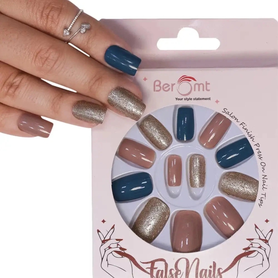 GLITTER LONG SQUARE NAILS (NAIL KIT INCLUDED)-pink blue