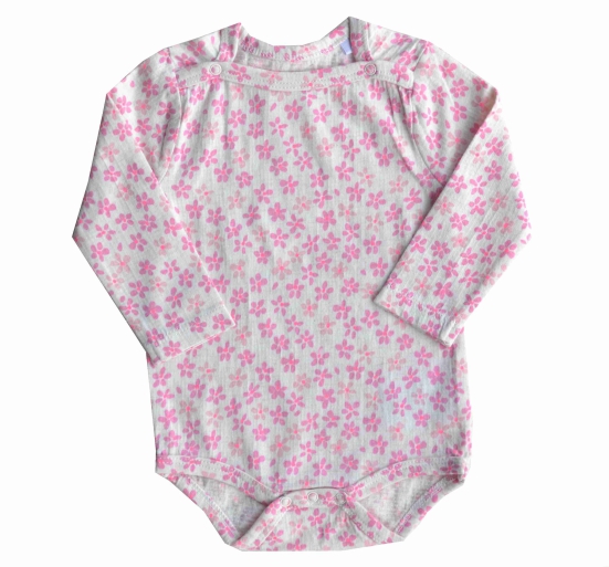 Pink Flower Printed Long Sleeves Baby body/Onesie  (100% Cotton Interlock Biowash)