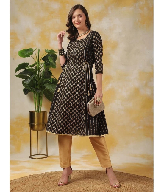 Rangita Women Black Rayon Ethnic Printed Calf Length A-Line Kurti - None