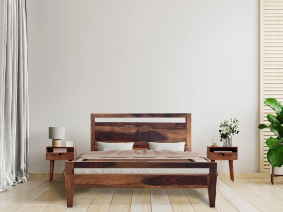 LIMA BED QUEEN Sheesham Wood (Honey Finish)-Brown