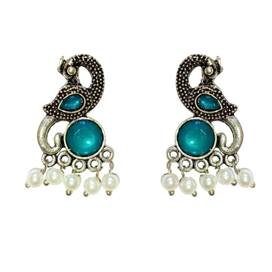 Earrings For Women Oxidised Silver Peacock Shape Jhumki Earrings For Girls And Women (Blue)