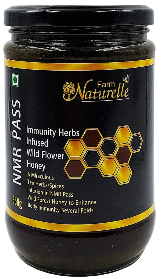 Farm Naturelle - Raw, 100% Natural (NMR Tested, Passed, Certified), Immunity Herbs Infused Forest Flower Honey (850Gram) Glass Bottle.