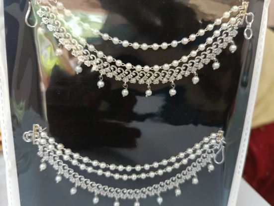 Pearl and Silver Double Chain Maang Tikka with Earrings