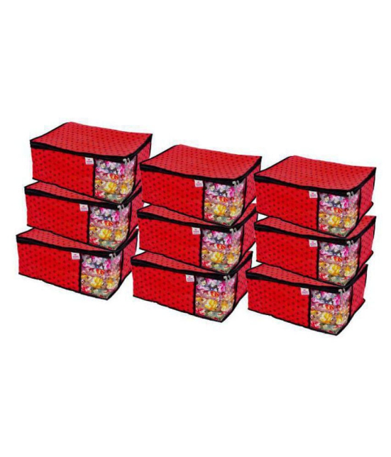 Sh Nasima  Non Woven Printed Saree Cover Bag Wardrobe with Transparent Window(, Pack of 9, Red)