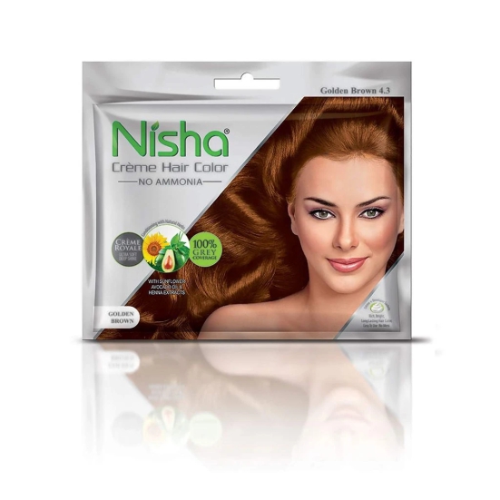 Nisha Creme Hair Color Golden Brown 40g Pack of 6, Permanent Hair Color for Women Men, No Ammonia, 100% Grey Coverage