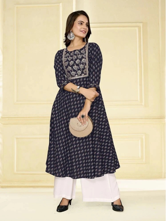 Rangita Women Cotton Navy Blue Embroidered Calf Length Anarkali Kurti - None