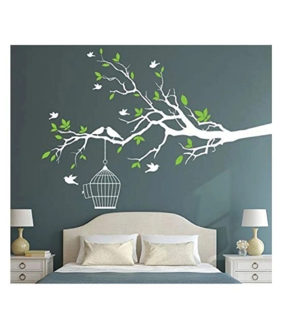 Asmi Collection White Branches Birds and Green Leaves Nature Sticker ( 130 x 155 cms )